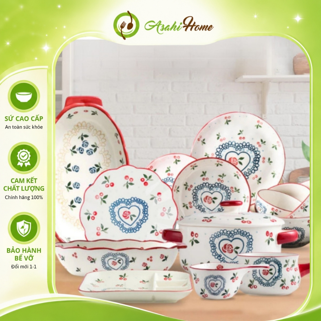 Bộ bát đĩa lẻ món trong bộ sưu tập Cherry-Rose cao cấp ASAHI HOME, set đồ bàn ăn nhiều chi tiết