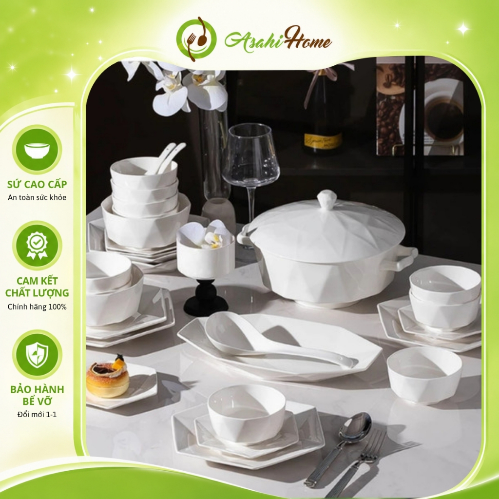 Bộ chén đĩa sứ vân kim cương lẻ món phong cách hoàng gia ASAHI HOME, set đồ bàn ăn đơn giản sang trọ