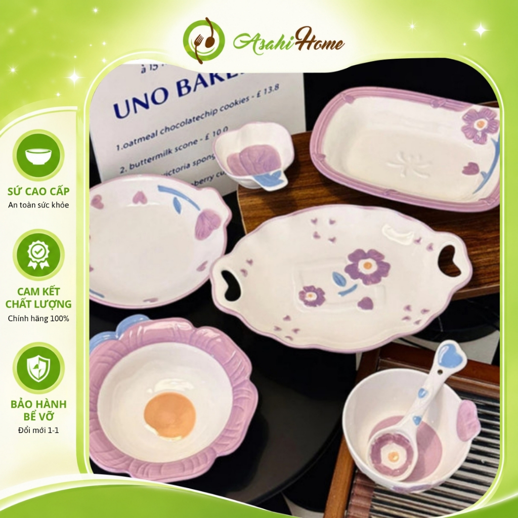 Bát đĩa sứ gốm lẻ món tím chibi đáng yêu ASAHI HOME, bát chén decor họa tiết hoa đáng yêu