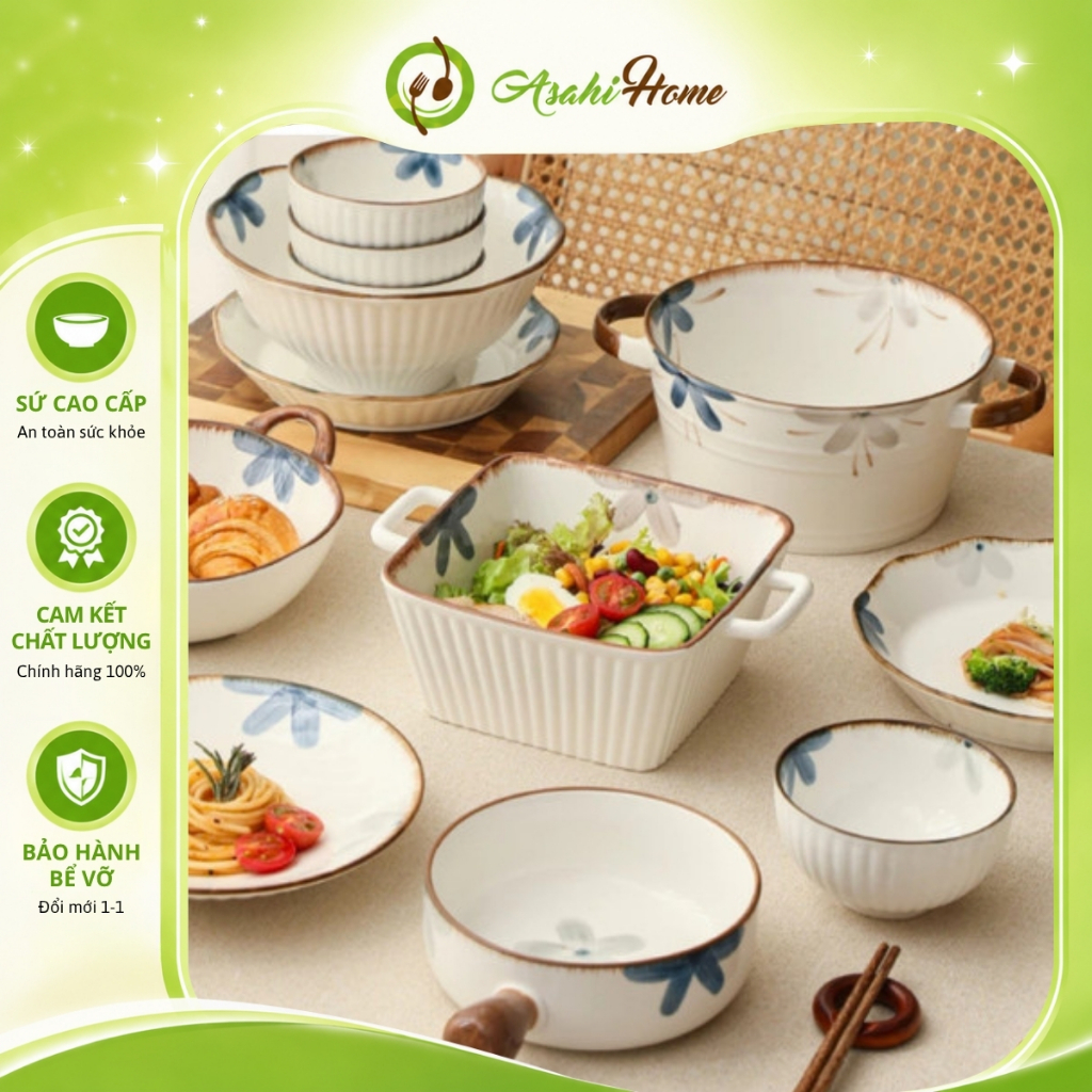 Chén đĩa gốm sứ họa tiết hoa tròn xanh xám ASAHI HOME phong cách Nhật Bản đơn giản nhưng tinh tế