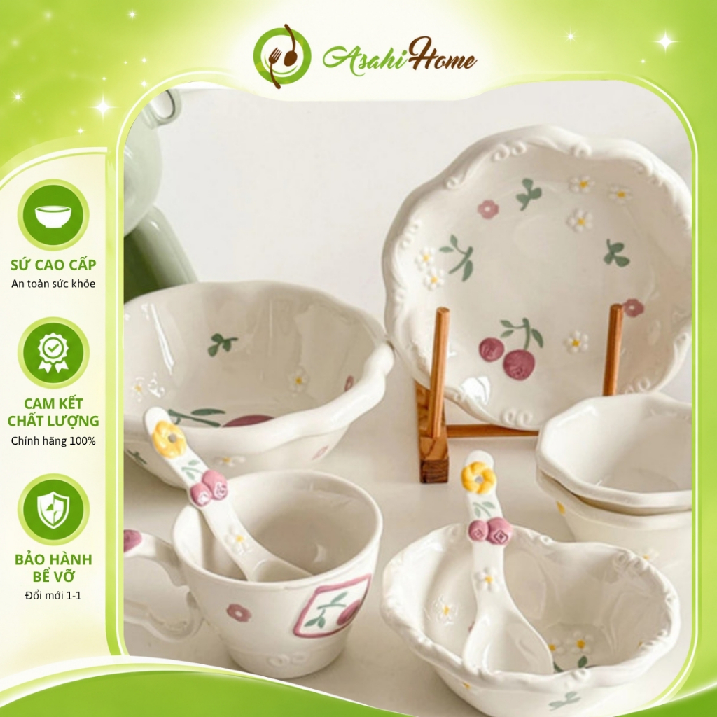 Bát đĩa chén dĩa sứ tráng men ASAHI HOME họa tiết quả việt quất và hoa cúc trắng khắc nổi