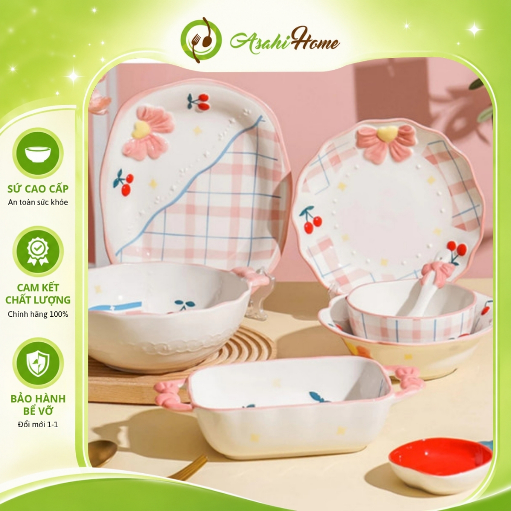 Bộ bát đĩa sứ dễ thương họa tiết nơ hồng ASAHI HOME, bộ đồ bàn ăn tiểu thư cao cấp bán lẻ món