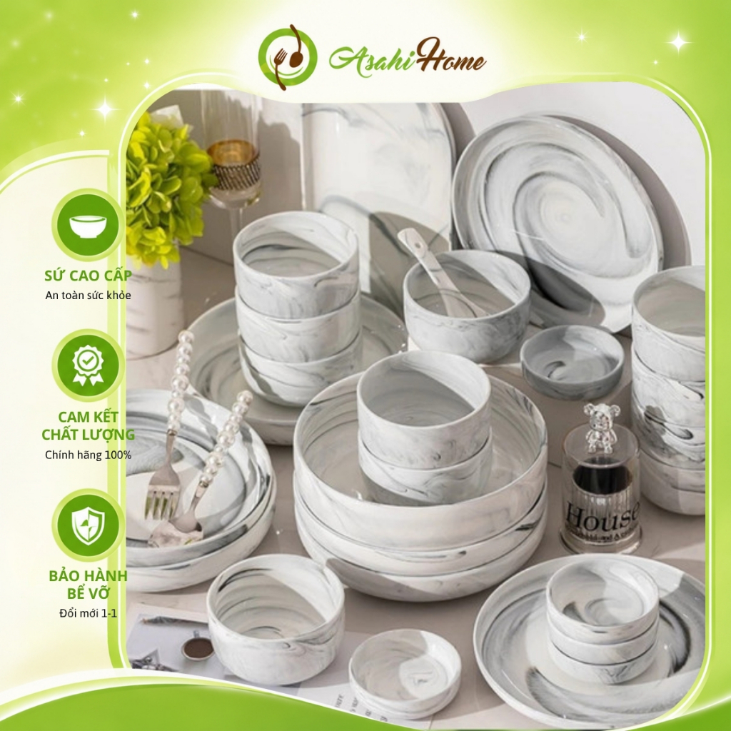 Bát đĩa gốm sứ bán lẻ vân đá cẩm thạch ASAHI HOME, chén dĩa ăn cơm họa tiết cổ điển tinh tế