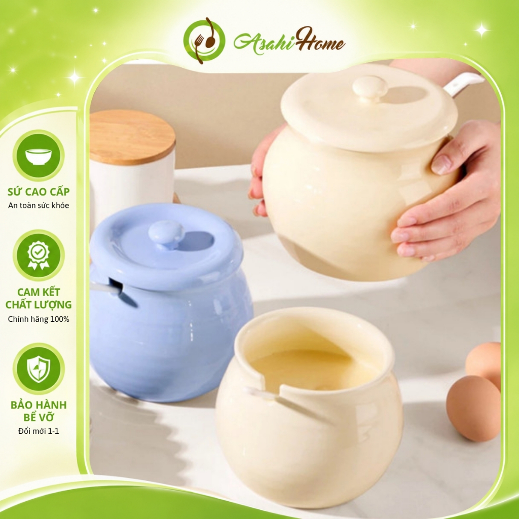 Hũ đựng gia vị bằng sứ chịu nhiệt tốt ASAHI HOME, lọ gốm đựng mỡ có nắp đậy nhiều màu xinh xắn