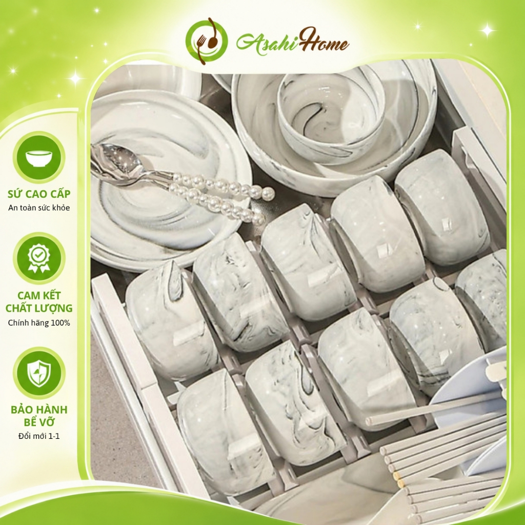 Bộ bát đĩa ASAHI HOME nhiều chi tiết bằng gốm sứ cẩm thạch vân đá cao cấp dùng được cho lò nướng
