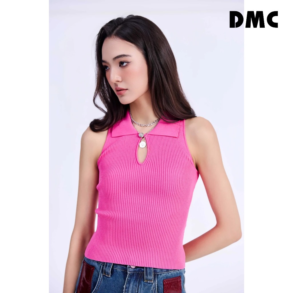 Áo kiểu nữ sát nách khoét giọt nước DMC (Magenta Keyhole Ribbed Knit Blouse)