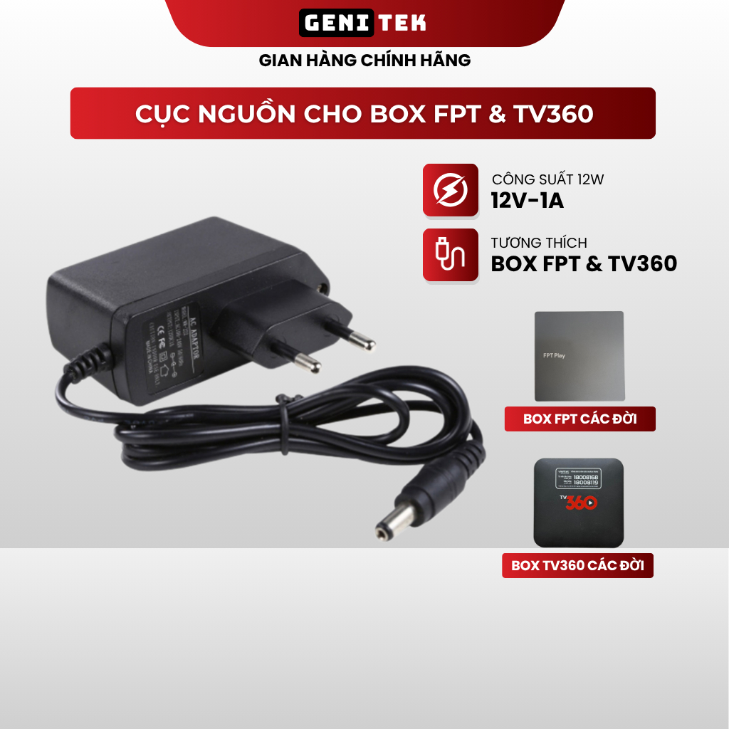 Nguồn Adapter 12V 1A loại xịn chuyên dùng cho TV Box FPT, TV360, thiết bị Mạng Wifi, Mesh, Camera