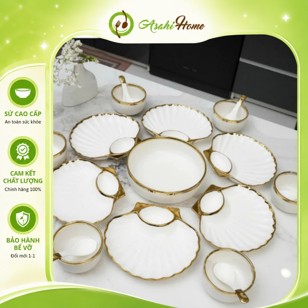 Set bát đĩa gốm sứ HOA MẶT TRỜI trắng vân sò viền vàng ánh kim ASAHI HOME bát đĩa dĩa thìa tô canh