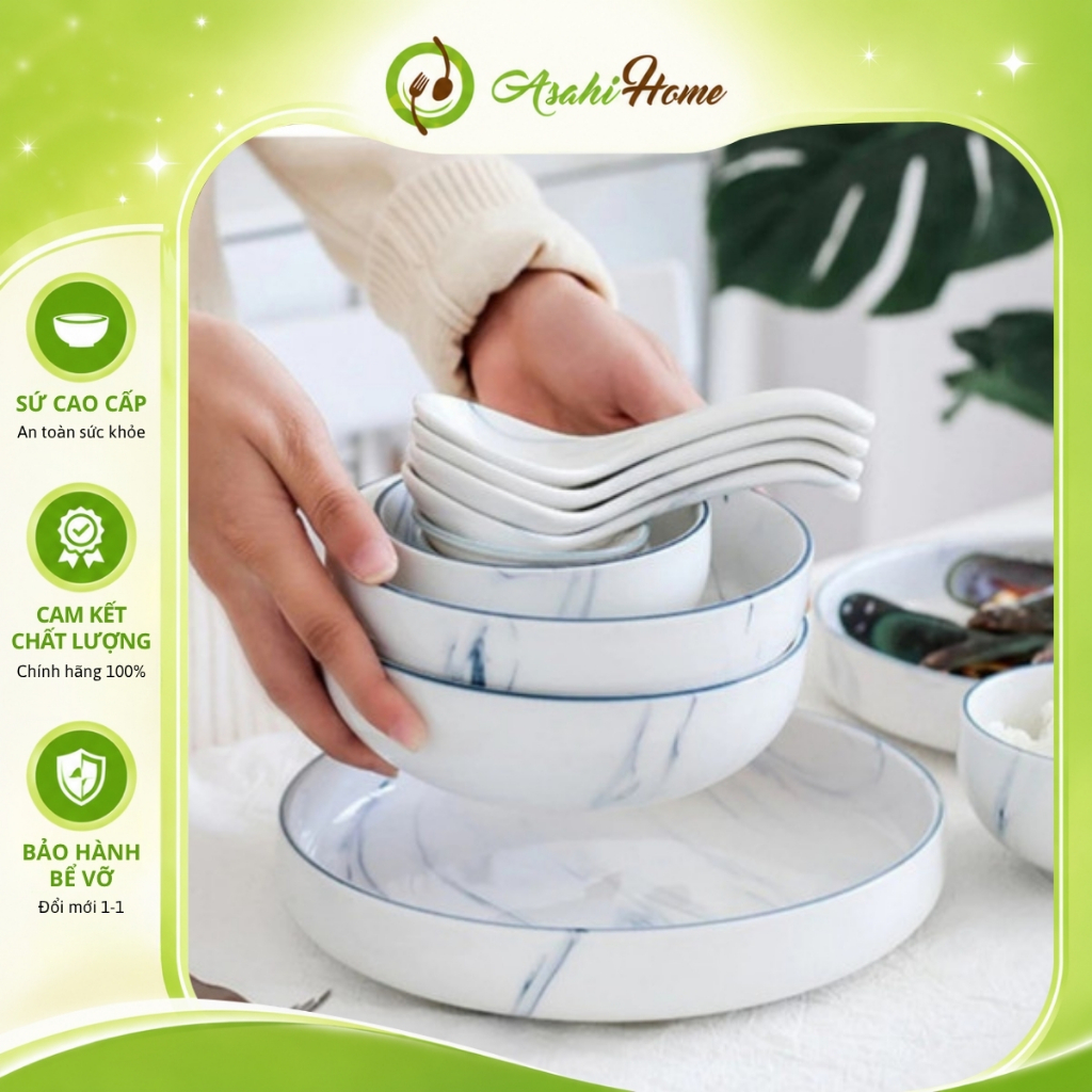 Set bộ bát đĩa gốm sứ THANH VÂN trắng vân xanh ASAHI HOME bát đĩa dĩa thìa tô canh chịu nhiệt