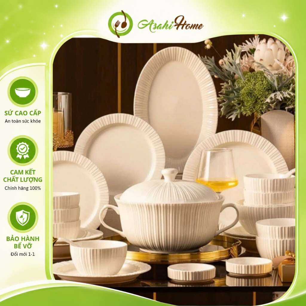 Bộ bát đĩa ăn cơm sứ trắng vân mây cao cấp ASAHI HOME, set đồ bàn ăn đơn giản sang trọng