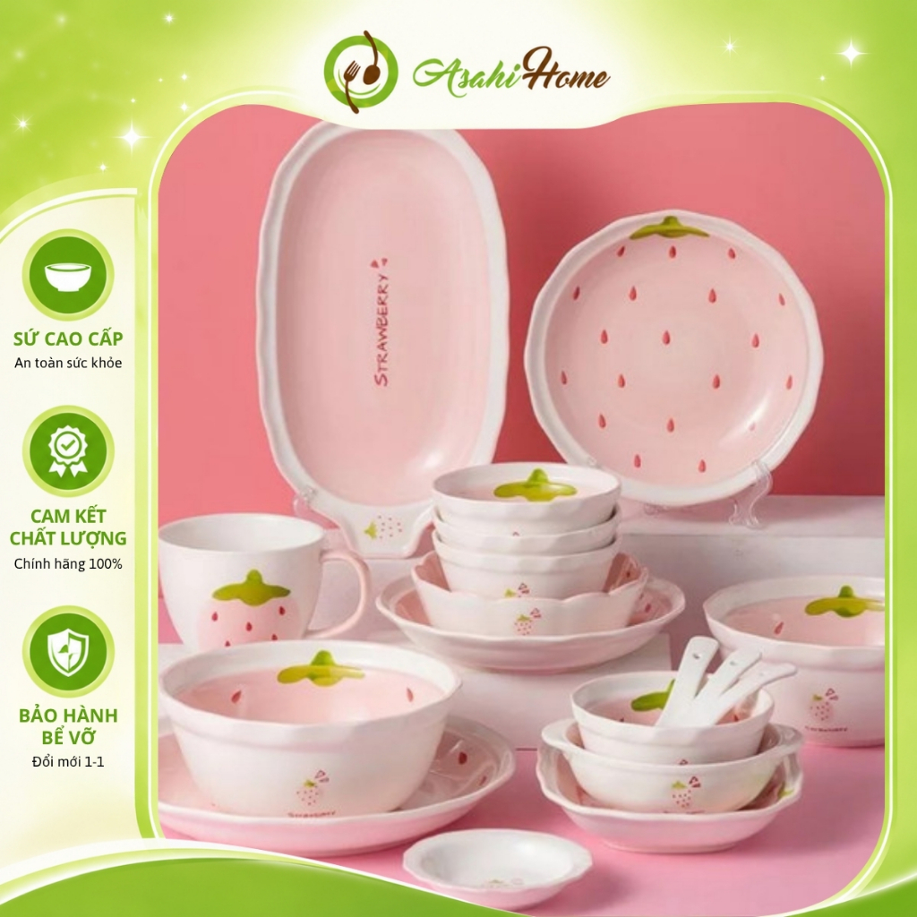Set bát đĩa gia đình ASAHI HOME họa tiết dâu tây, bộ đồ bàn ăn bằng gốm sứ cao cấp nhiều chi tiết