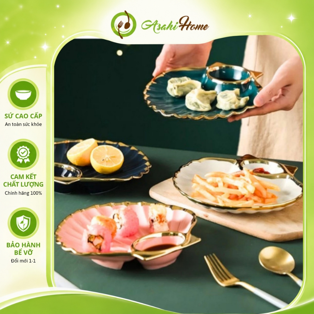 Đĩa sứ kèm ô chấm ASAHI HOME hình vỏ sò sang trọng với gốm sứ tráng men cao cấp, chịu nhiệt cực cao