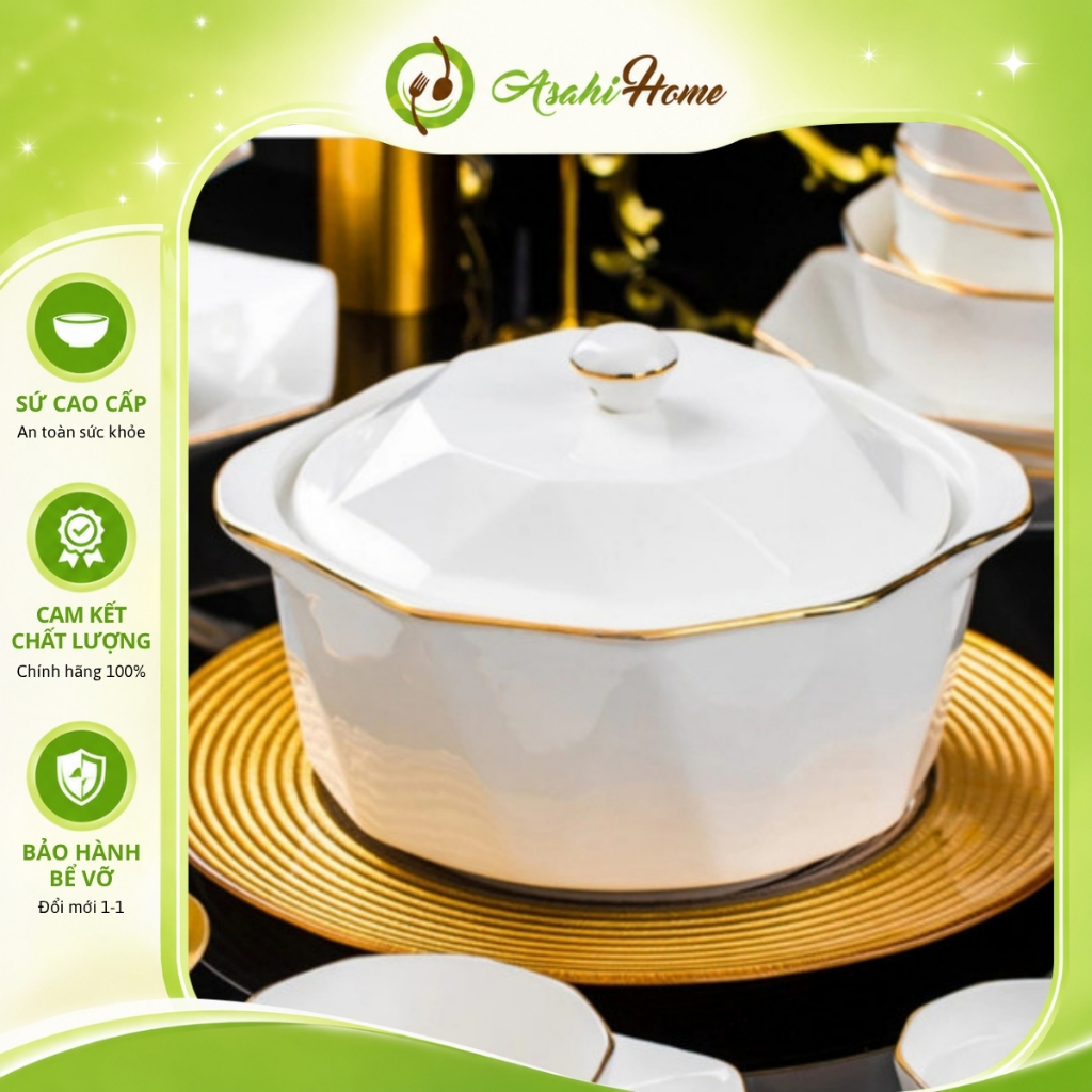 Thố sứ tráng men cao cấp dùng được cho lò nướng ASAHI HOME, bát lớn có nắp đựng cơm canh hoàng gia