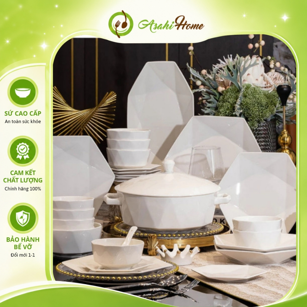 Bát đĩa lẻ món moonlight cao cấp ASAHI HOME trắng trơn cắt cạnh tinh tế