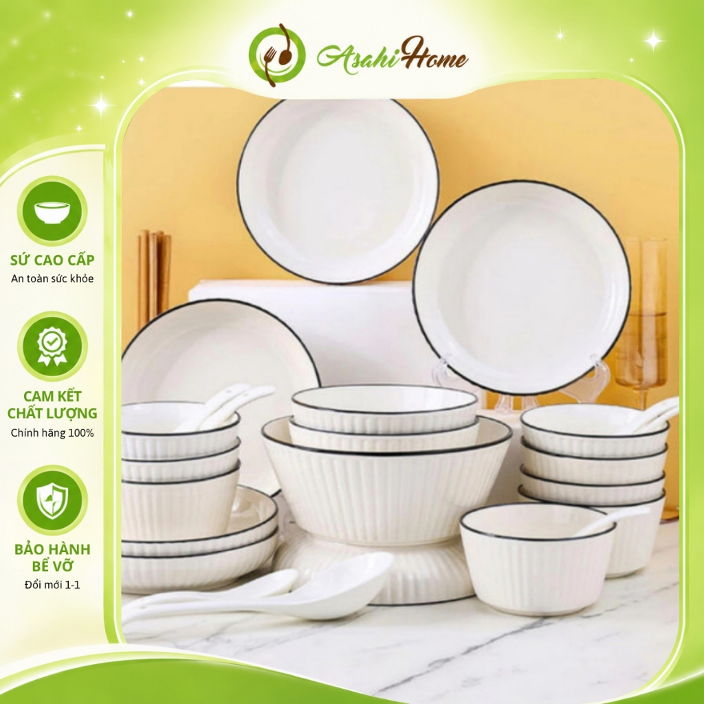 Chén bát đĩa lẻ món vân sọc ASAHI HOME, bộ đồ bàn ăn cao cấp tráng men trắng viền đen sang trọng