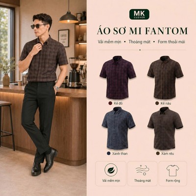Áo Sơ Mi kẻ Fantom MKCLEVER Chất kẻ lạnh Hàn mềm mịn, thoáng mát, chống nhăn, form rộng mặc hằng ngày