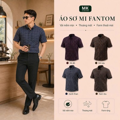 Áo Sơ Mi kẻ cho Nam Fantom MKCLEVER Chất kẻ lạnh Hàn mềm mịn, thoáng mát, chống nhăn, form rộng mặc hằng ngày
