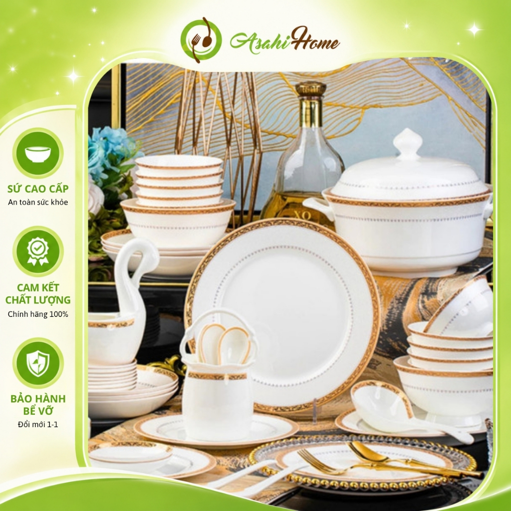 Bát đĩa gốm sứ hoàng gia viền vàng đồng sứ xương lẻ món ASAHI HOME, bộ đồ bàn ăn bát đĩa cao cấp