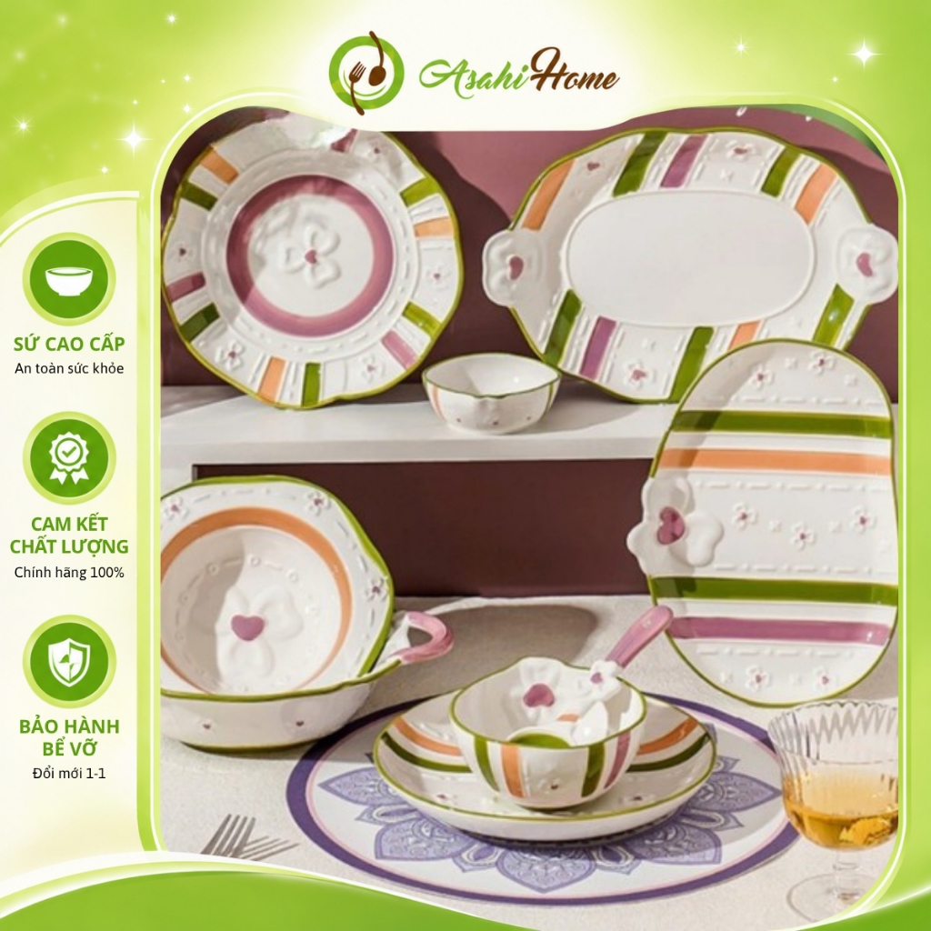 Set bát đĩa hoa nơ xanh chibi cách điệu ASAHI HOME, bộ đồ bàn ăn gốm sứ tráng men khắc nổi