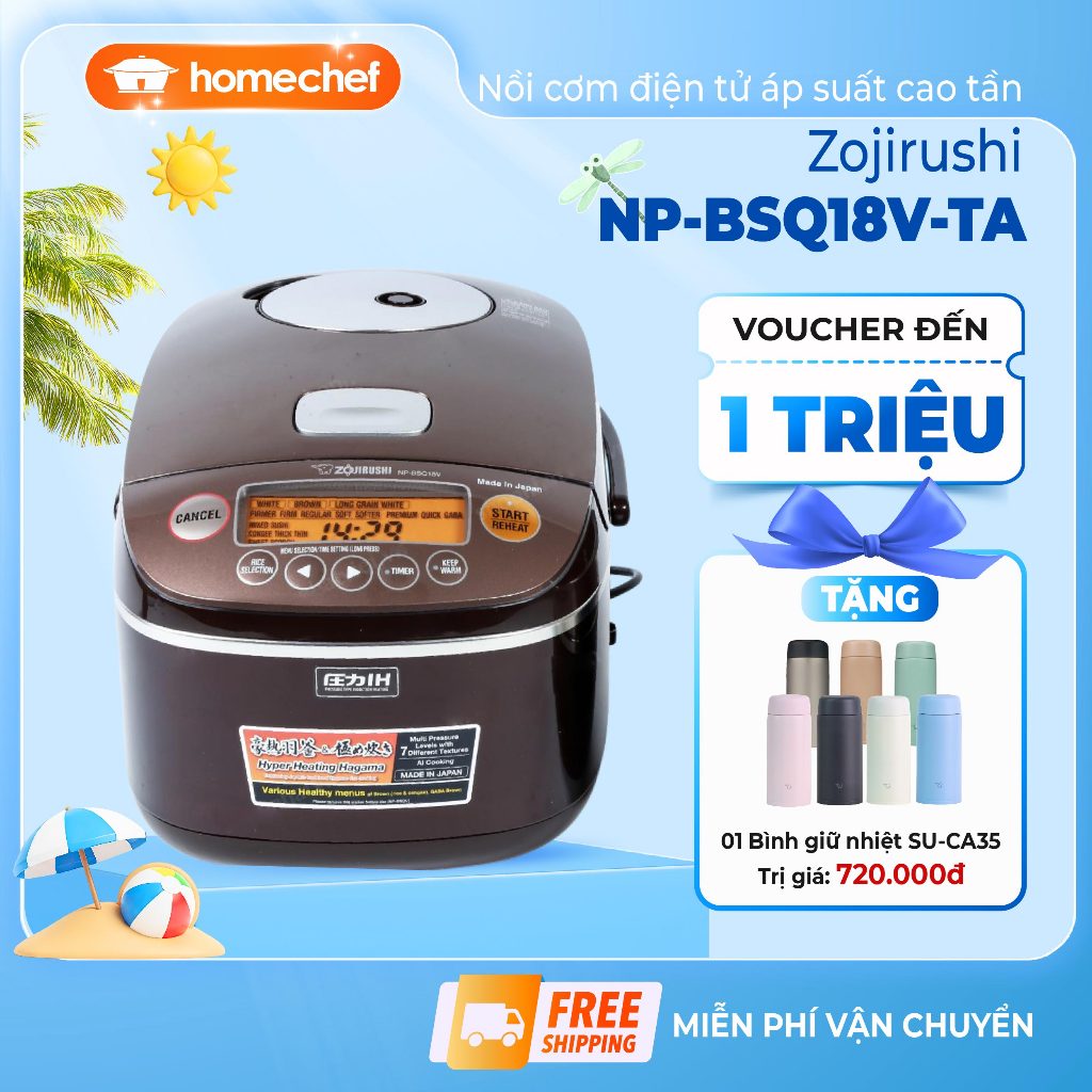 Nồi Cơm Điện Áp Suất Cao Tần Zojirushi 1.8L - NP-BSQ18V-TA, Nấu Cơm Thơm Dẻo, Bảo Hành 3 Năm, Sản Xu
