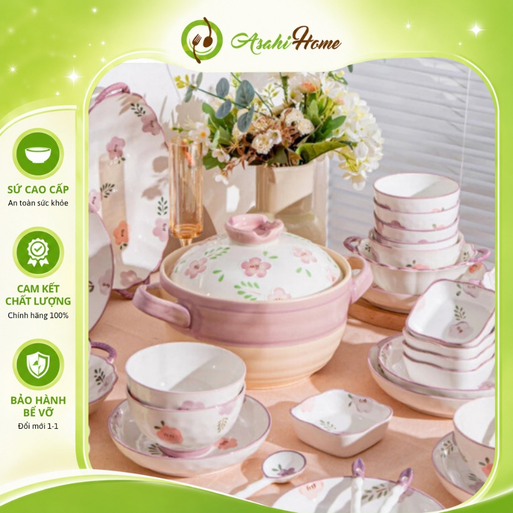 Lẻ món bộ đồ bàn ăn cho gia đình dễ thương ASAHI HOME, bát cơm canh họa tiết hoa cỏ nhẹ nhàng