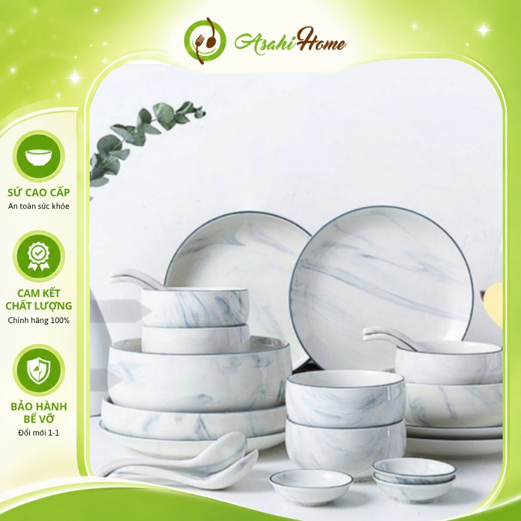 Bát đĩa gốm sứ THANH VÂN vân xanh ASAHI HOME sang trọng tinh tế bát đĩa gia đình