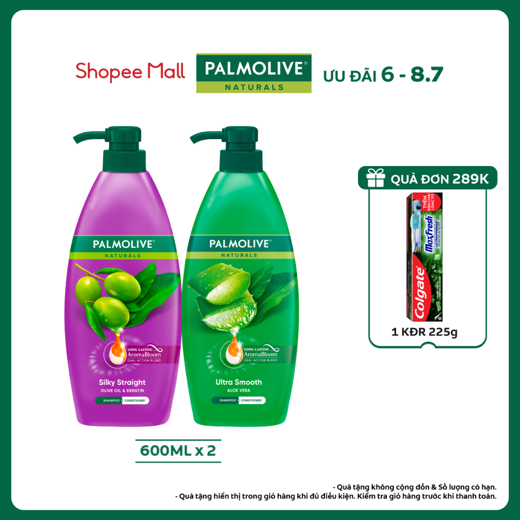 Bộ 2 Dầu gội Palmolive kèm xả 2-trong-1 chiết xuất Nha đam và Keratin kết hợp quả ô liu 600ml