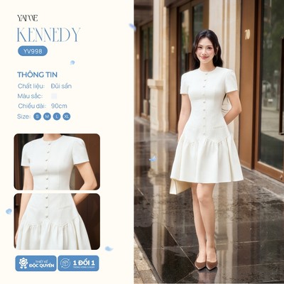 Váy Thiết Kế Nữ YAME Form A Cổ Tròn, Tay Ngắn, Hàng Cúc Bọc Tinh Tế Can Tùng Nhún Xòe Nhẹ Nhàng -Kennedy YV998