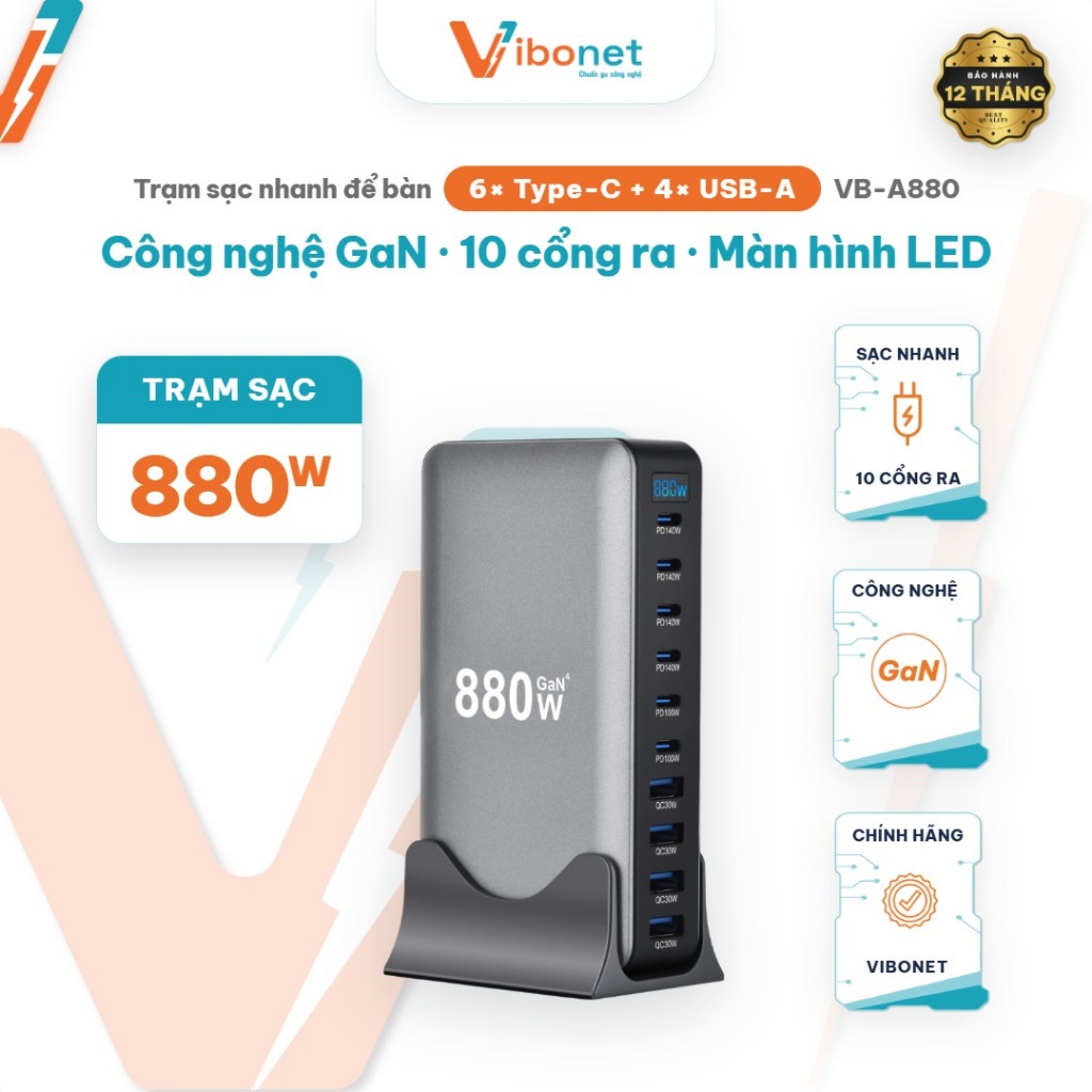Trạm sạc nhanh Vibonet 880W/950W/1000W 10 cổng ra Công nghệ GaN Công Suất Cao Để Bàn | Chính hãng