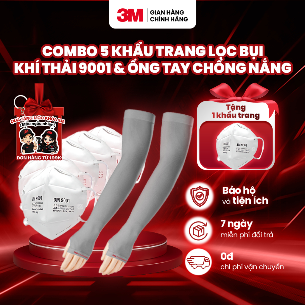 [COMBO - TẶNG 1 KHẨU TRANG]  5 Khẩu trang lọc bụi khí thải chuẩn N90 3M 9001 + Ống Tay Chống Nắng & 
