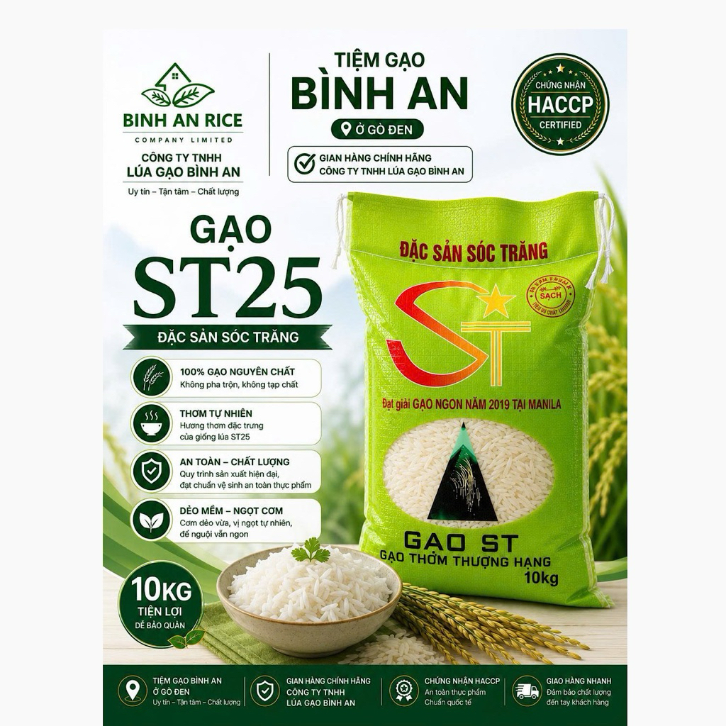 Gạo ST25 10kg Thượng hạng Đắk Lắk 2026 Gạo thơm mềm -Gạo ST25 Bình An