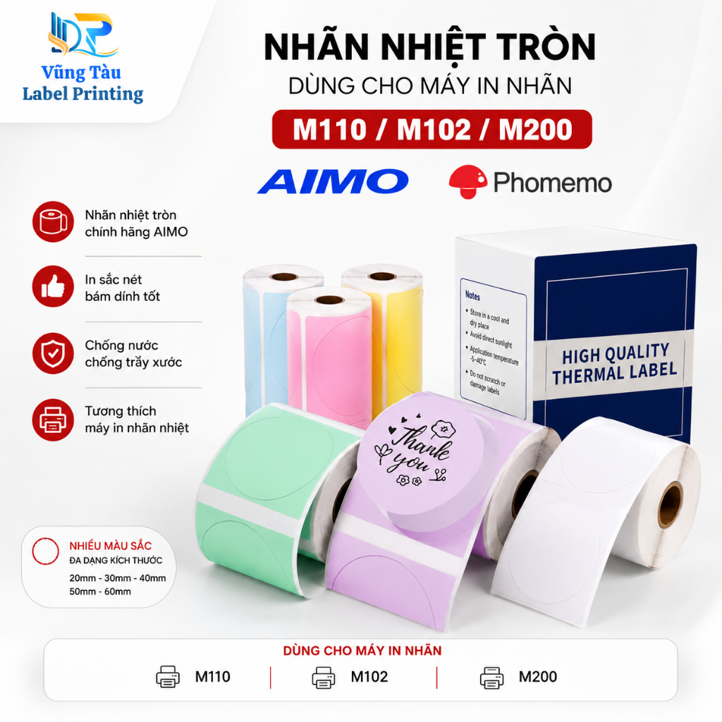 Tem Nhãn In Nhiệt Tròn Nhiều Màu Cho AIMO Phomemo M110 M200 M220 M102