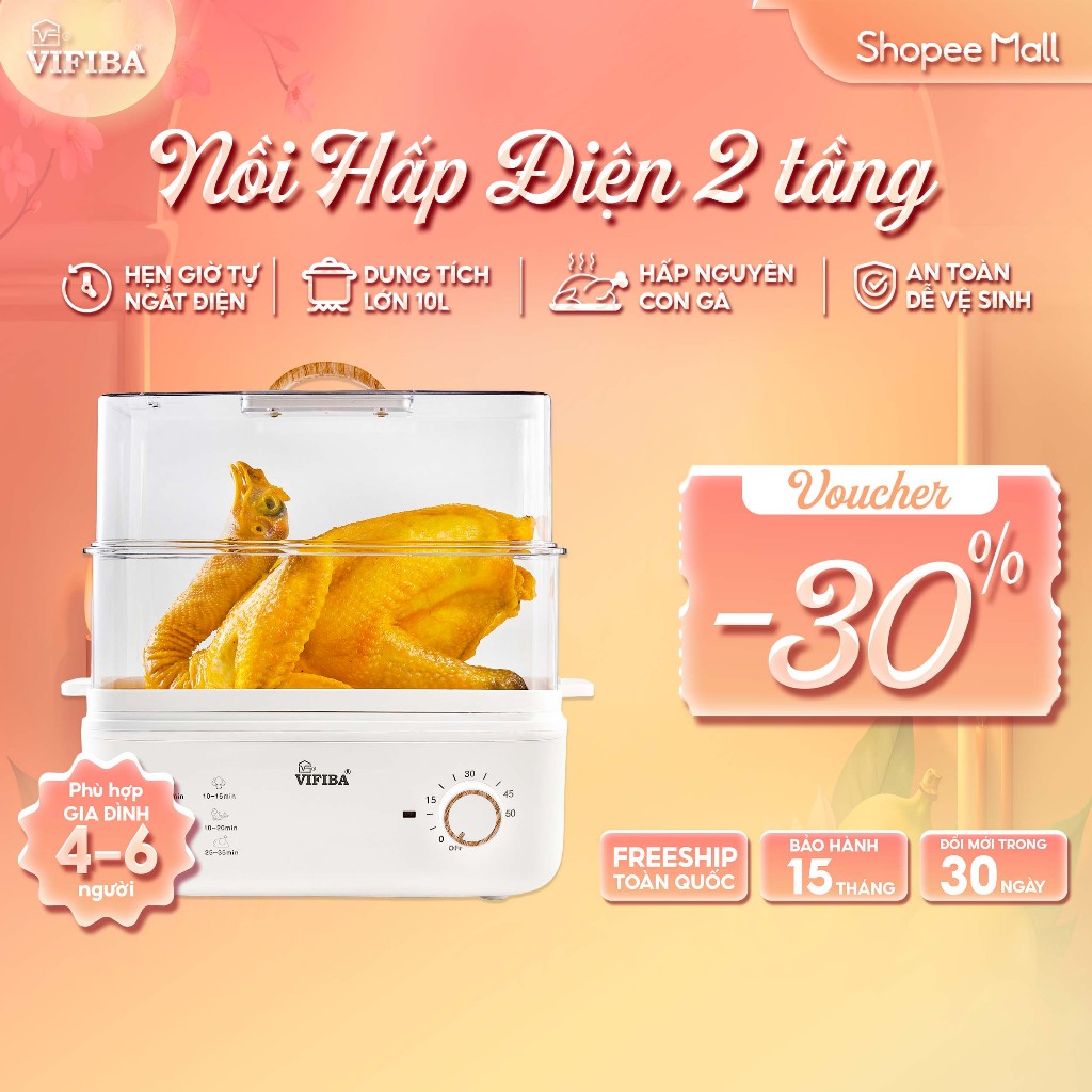 Nồi Hấp Điện 2 Tầng VIFIBA CHÍNH HÃNG - Hấp Hẹn Giờ, Dung Tích 10L, Hấp Gà Nguyên Con