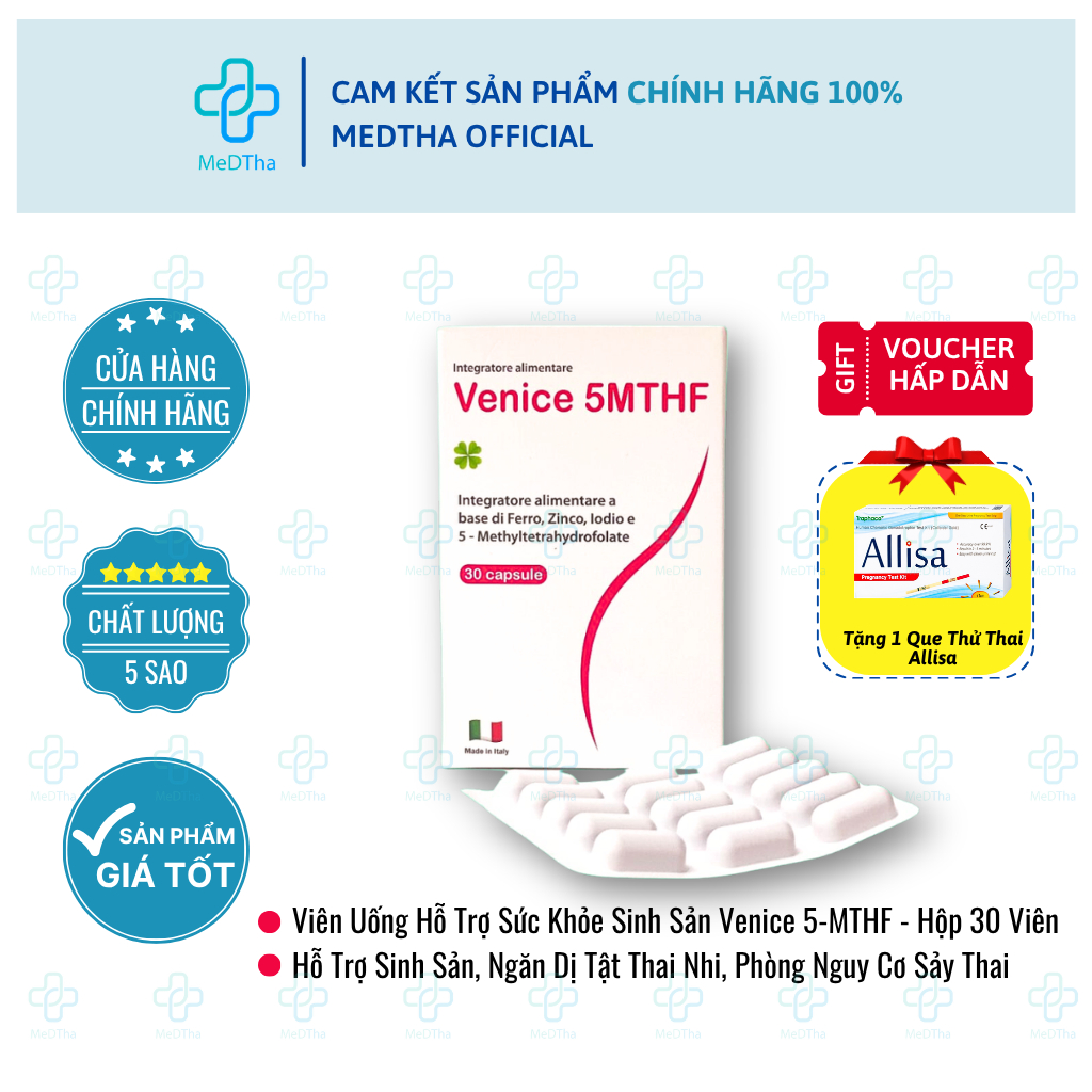Venice 5-MTHF - Bổ Sung Folate, Hỗ Trợ Sinh Sản, Ngăn Dị Tật Thai Nhi, Sắt, Vitamin Tổng Hợp (Hộp 30