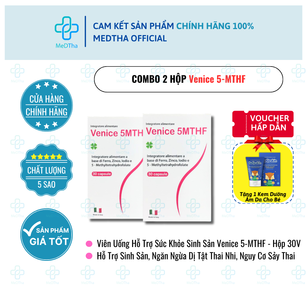[COMBO 2 HỘP] Venice 5-MTHF - Bổ Sung Folate, Hỗ Trợ Sinh Sản, Ngăn Dị Tật Thai Nhi (Hộp 30 Viên)
