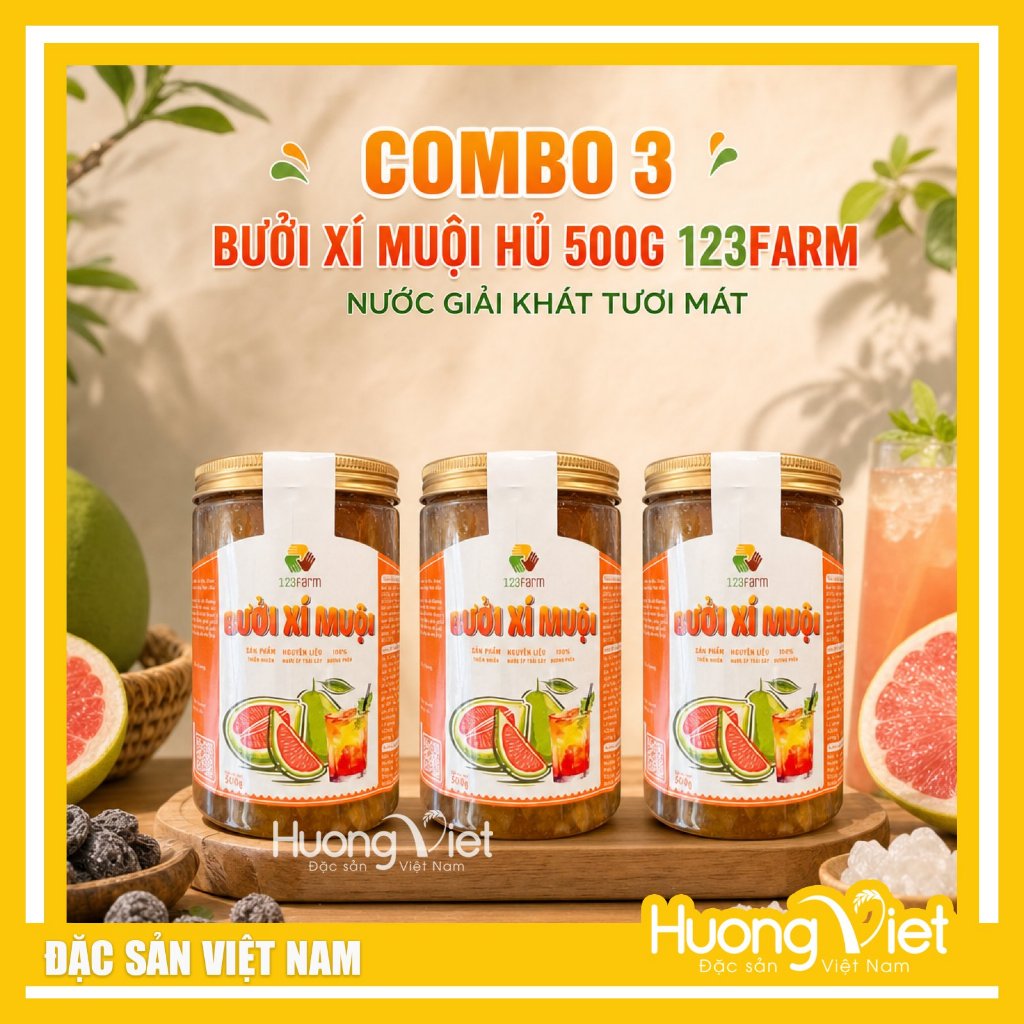 COMBO 3 Bưởi Xí Muội Hủ 500g 123Farm - Nước Giải Khát Tươi Mát