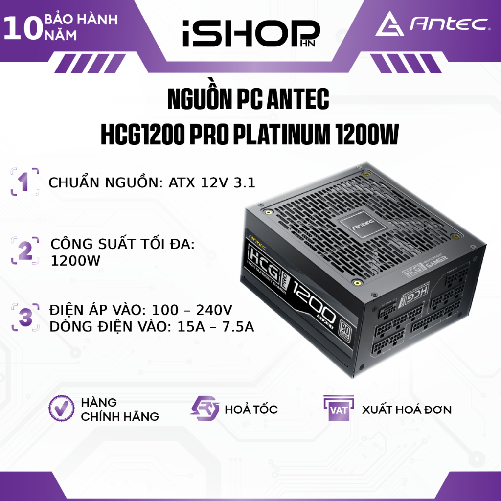 Nguồn PC Antec HCG1200 PRO Platinum 1200W ATX 3.1 – PCIe 5.1, Full Modular, Chính Hãng