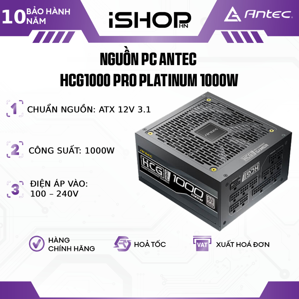 PSU Antec HCG1000 PRO Platinum 1000W ATX 3.1 – Full Modular, Chuẩn PCIe 5.1, BH 10 Năm