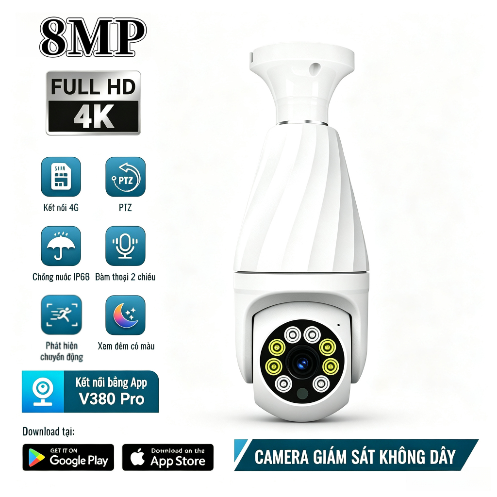 Camera V380 WiFi 8 LED Đuôi Bóng Đèn Xoay 360 Độ 8MP- 1080P BẢO HÀNH 12 THÁNG