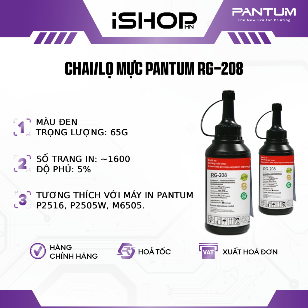 Chai/Lọ mực PANTUM RG-208, sử dụng cho máy in Pantum P2516, P2505W, M6505