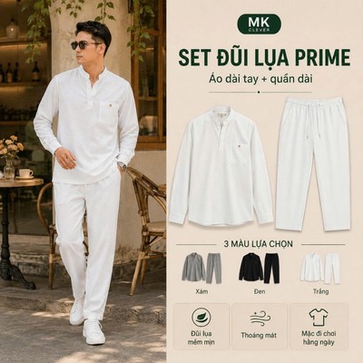 Set bộ Đũi lụa Dài Tay Nam Prime MK Chất vải đũi lụa mềm mịn set sơ mi quần đũi dài đi chơi đi biển