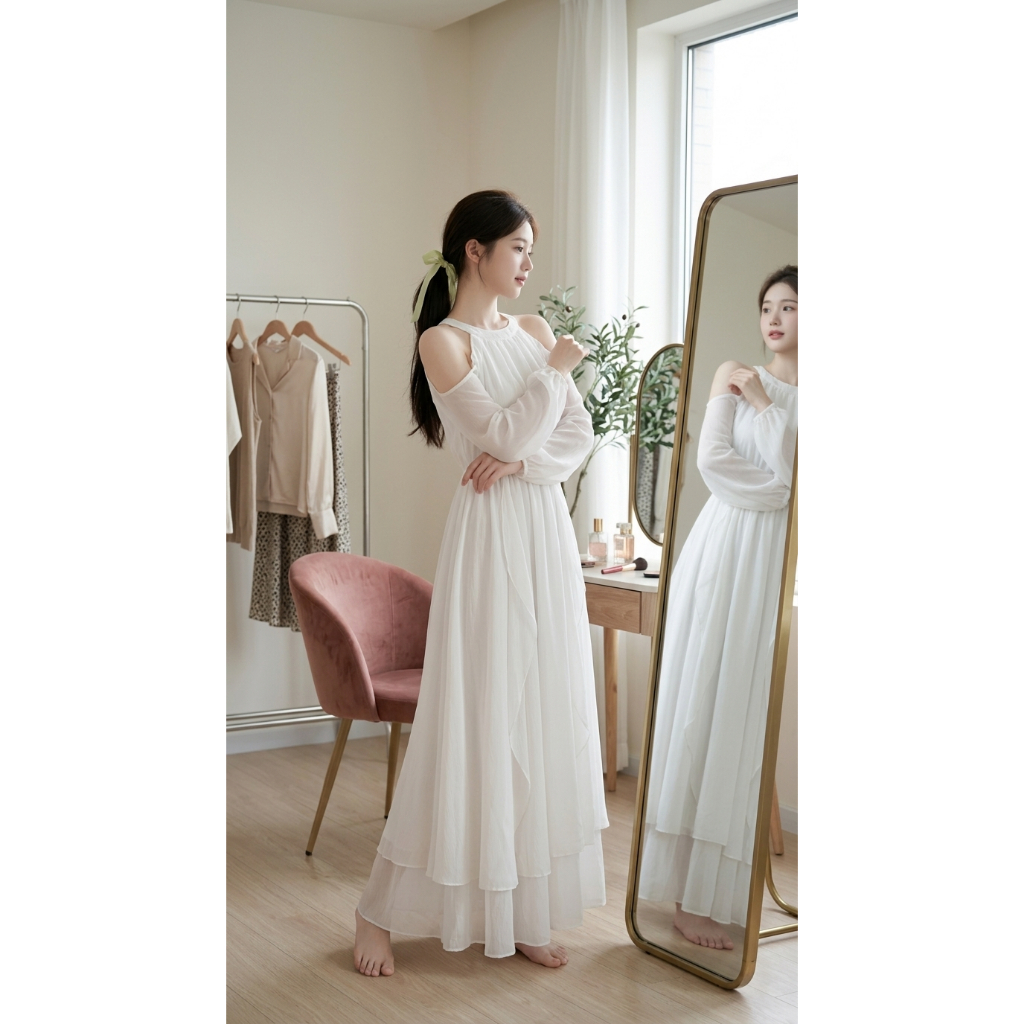 LEE.RIN BOUTIQUE DT1 ĐẦM TƠ ÁNH KIM RỚT VAI FORM DÀI