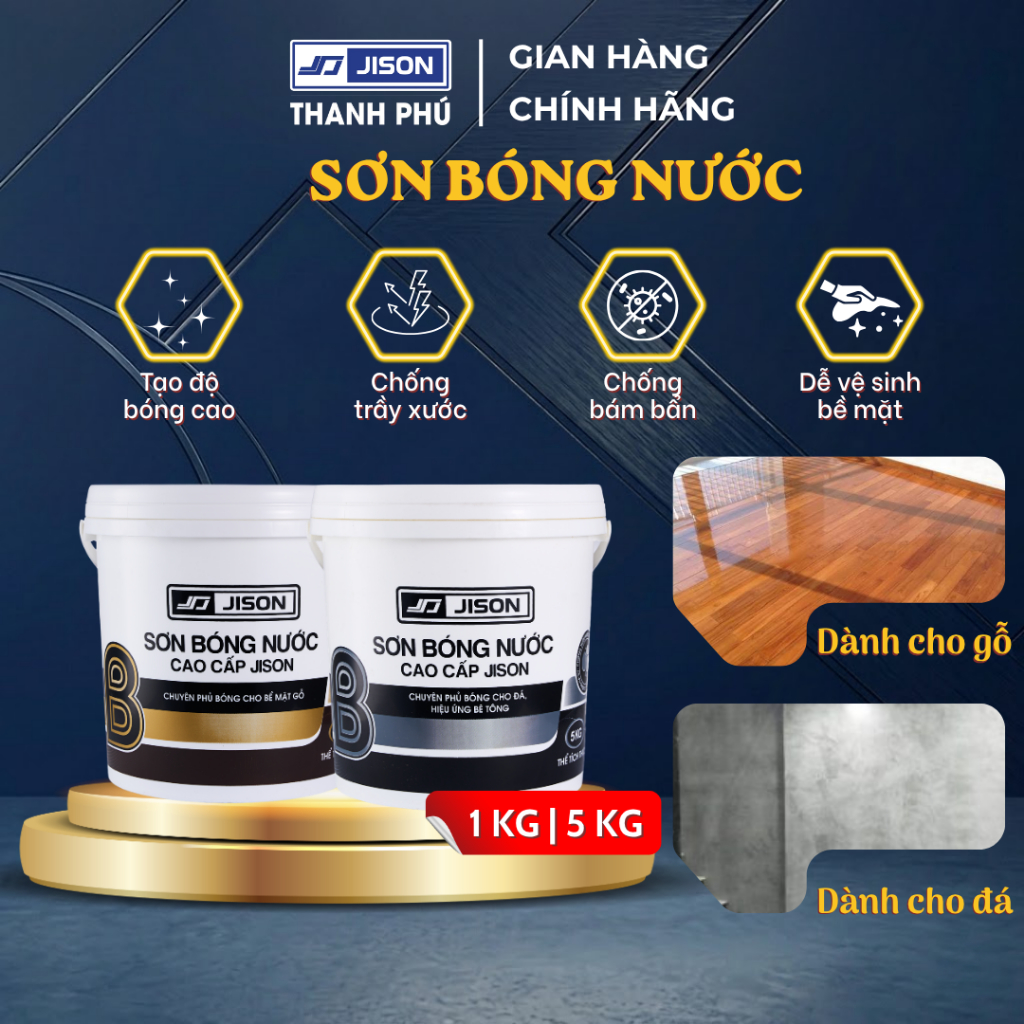Sơn bóng Acrylic Jison Gốc Nước Phủ Bóng Chống Thấm Bảo Vệ Gỗ, Đá Tự Nhiên, Bê Tông (1KG, 5KG)
