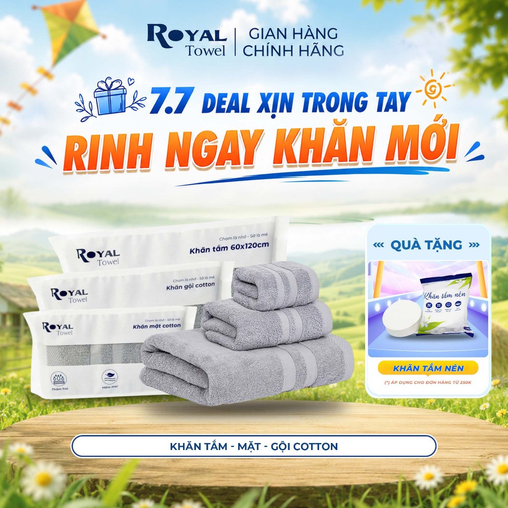 Khăn Tắm, Khăn Gội, Khăn Mặt Royal Towel Sợi Cotton Mềm Mịn, Thấm Hút Tốt, Không Xổ Lông, Không Phai Màu
