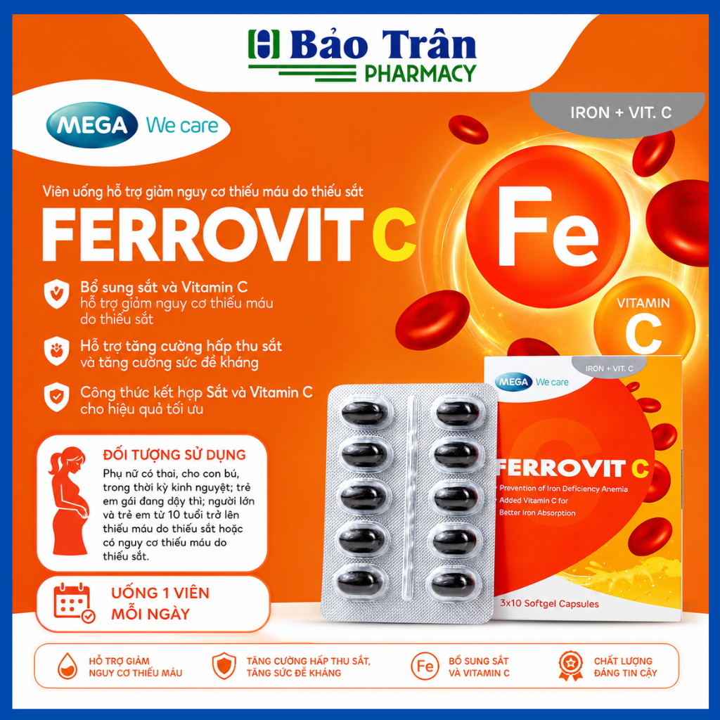 Viên uống giúp hỗ trợ giảm nguy cơ và triệu chứng thiếu máu do thiếu sắt FERROVIT C Mega We Care (Hộ