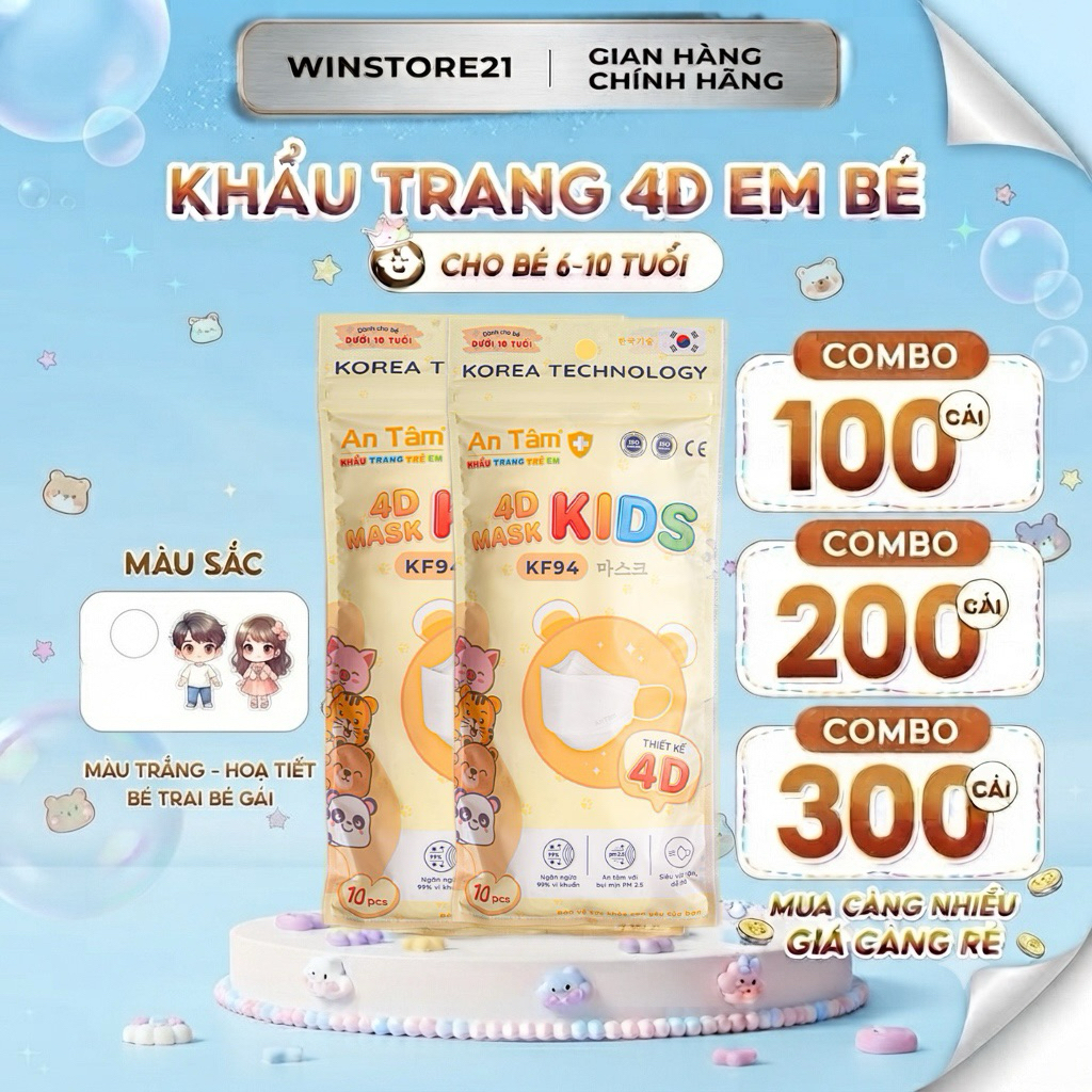 Live Khẩu trang 4D KF94 bé An Tâm kháng khuẩn CHÍNH HÃNG cho bé 6-10 tuổi mix nhiều hình dễ thương