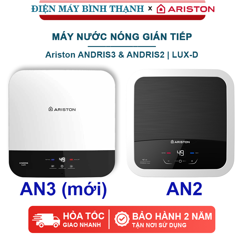 Máy nước nóng gián tiếp Ariston AN2 LUX-D / AN3 LUX cảm ứng - Bình vuông 15L, 30L - Bảo hành 2 năm