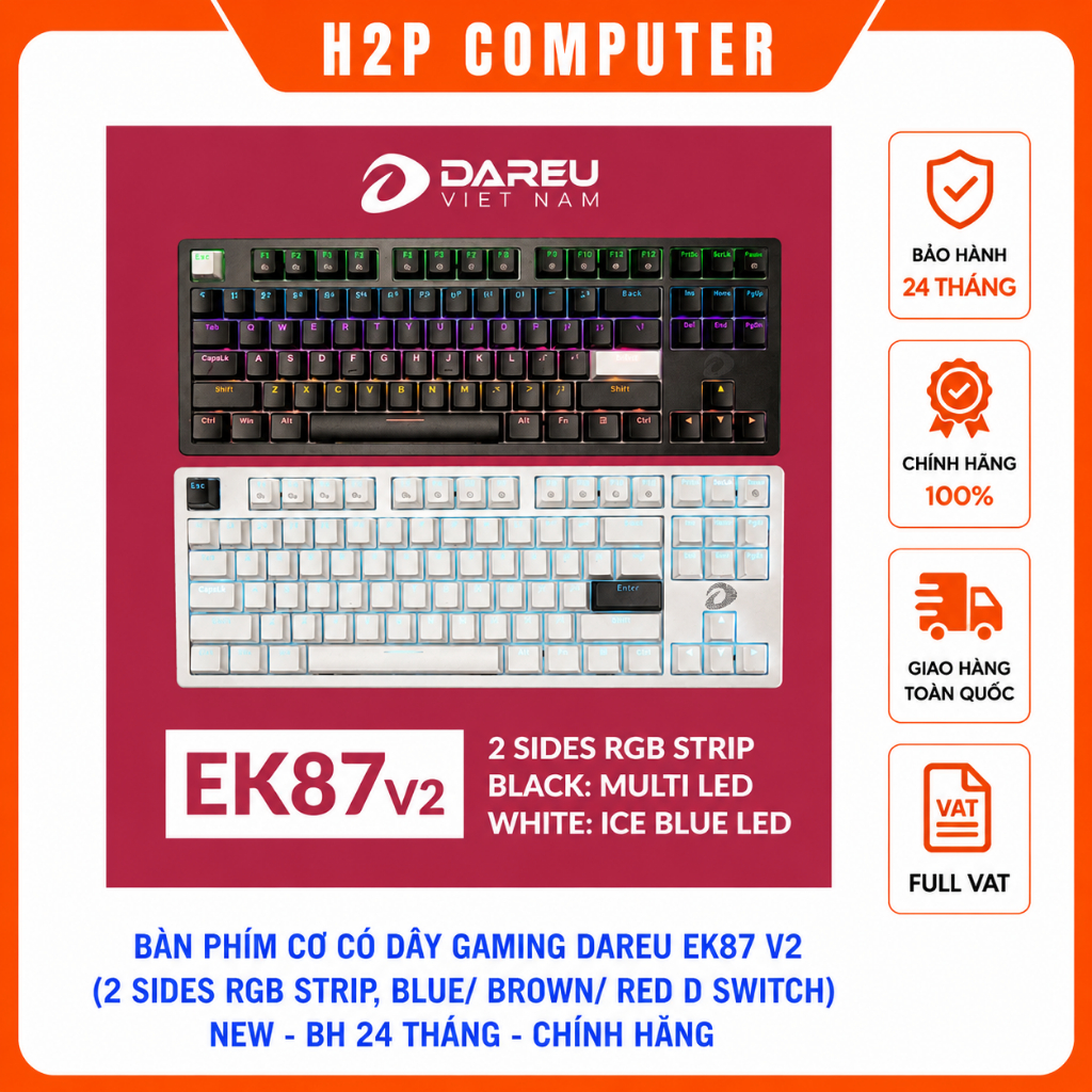Bàn phím cơ có dây Gaming DAREU EK87 v2 (2 sides RGB strip, Blue/ Brown/ Red D switch)