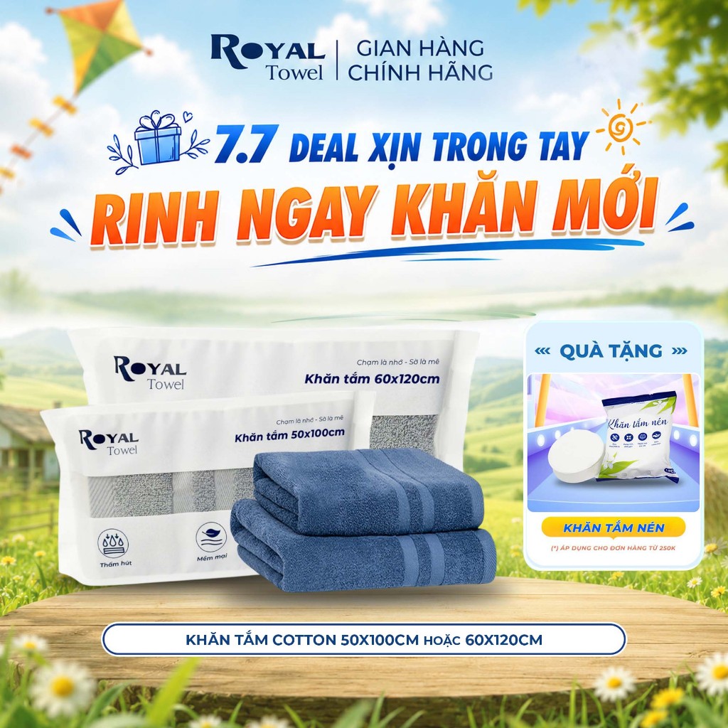 Khăn Tắm Royal Towel 50x100cm Hoặc 60x120cm Sợi Cotton Mềm Mịn, Thấm Hút Tốt, Không Xổ Lông, Không Phai Màu
