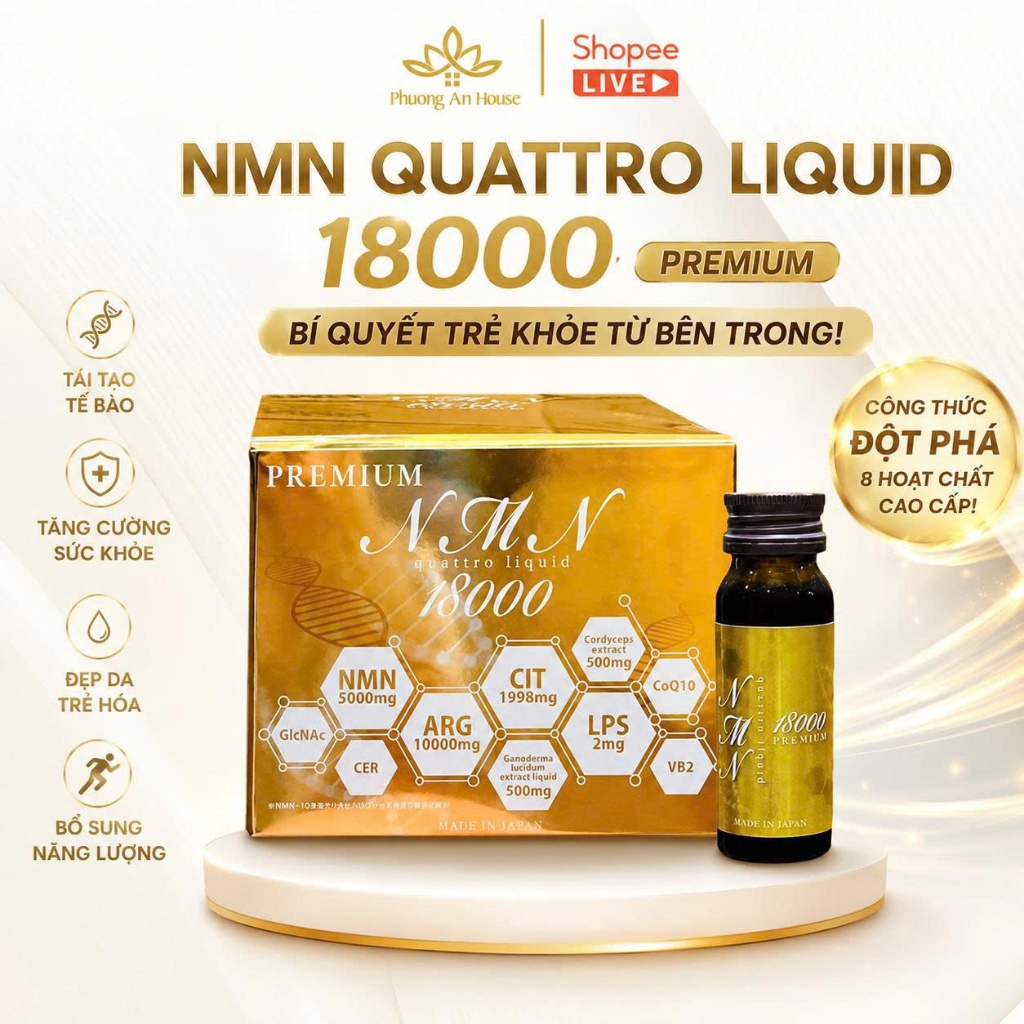 Nước Uống NMN Quattro Liquid 18000 Premium Nhật Bản Hộp 10 Chai x 30ml Bổ Sung NMN CoQ10